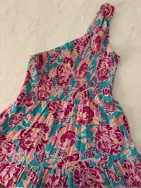 Floral One-Shoulder Midi Dress in Blue & Pink - M